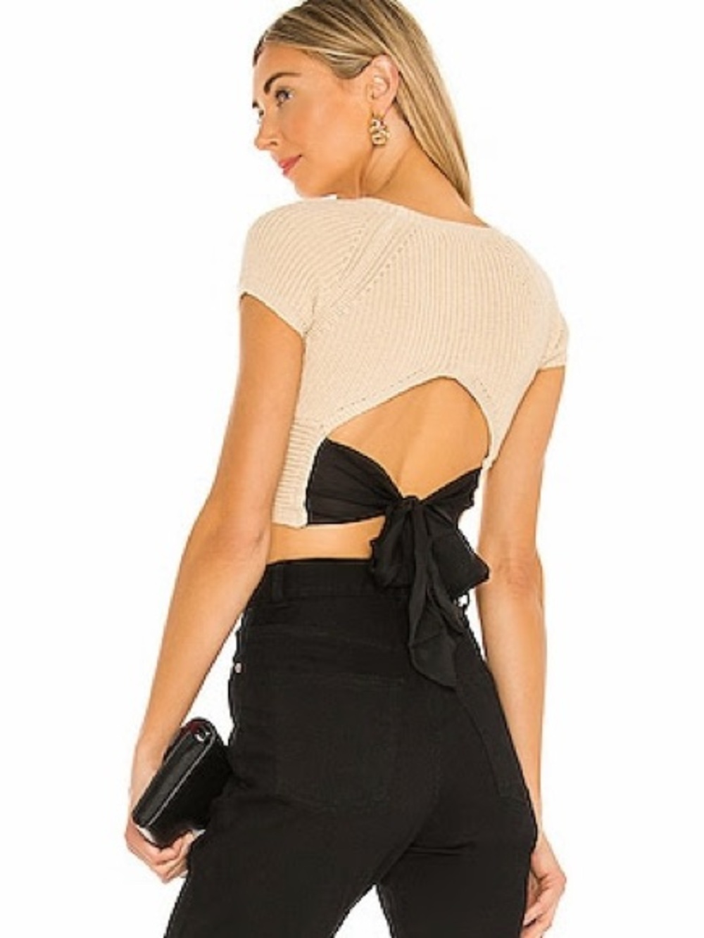 Lovers + Friends Cream Short-Sleeve Knit Crop Top with Black Tie Details